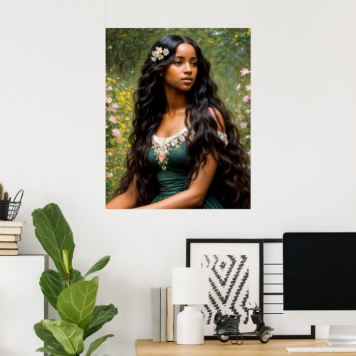Black Woman Floral Nature Portrait Art Poster