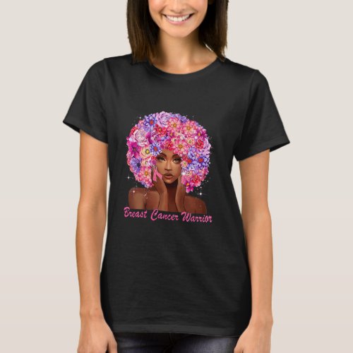 Black Woman Flower Hair Breast Cancer Awareness T_Shirt