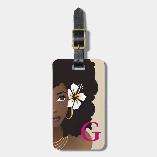 Black Woman Flower in Hair Monogram Pink  Beige Luggage Tag