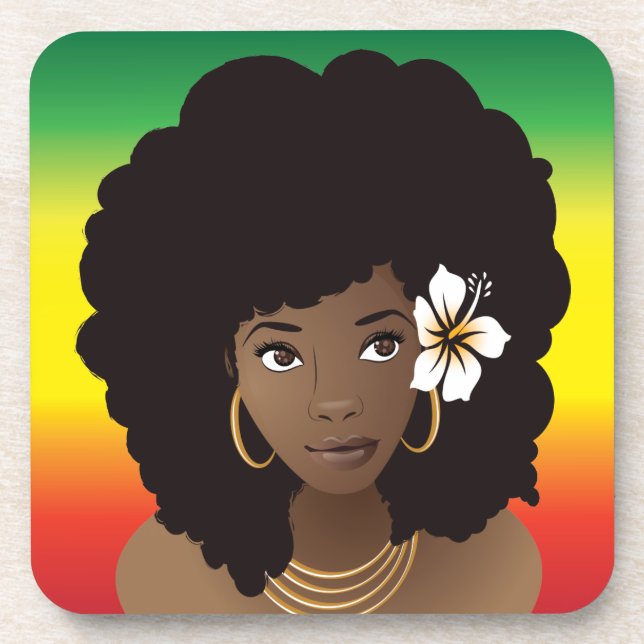Black Woman, Flower in Hair, Red Yellow Green Beverage Coaster (Front)