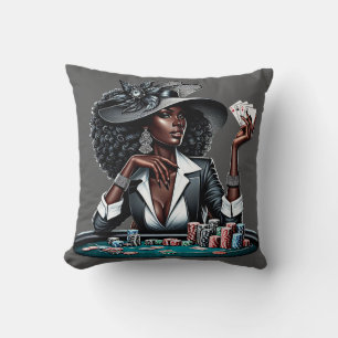 Black woman Gambling Casino Cards Poker Chips Art Throw Pillow