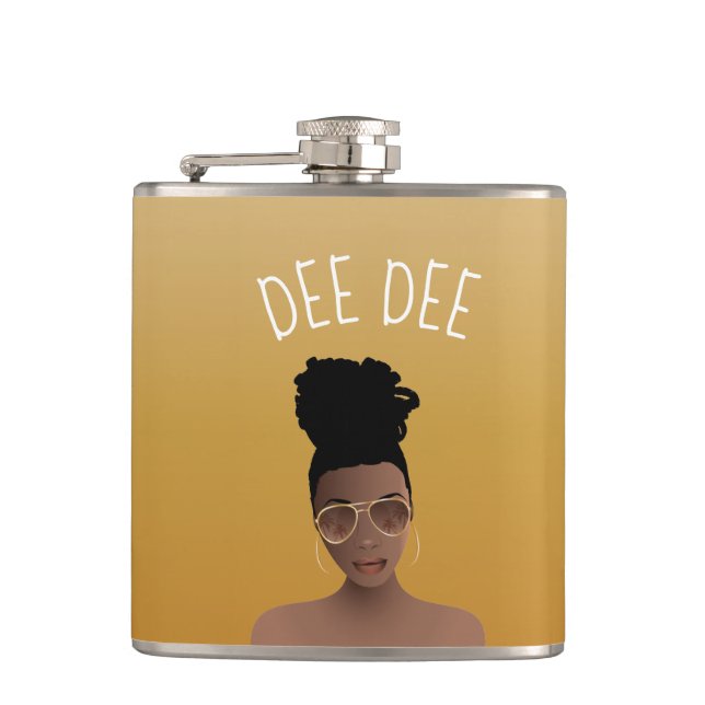 Black Woman, Gold Shades & High Bun, Yellow Gold Flask (Front)