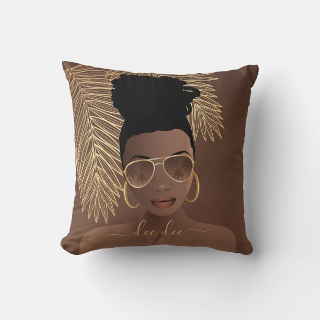 Black Woman, Gold Shades & Palm Leaves, Brown Throw Pillow (Front)
