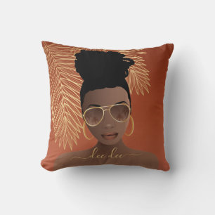 Black Woman, Gold Shades & Palm Leaves, Copper Throw Pillow