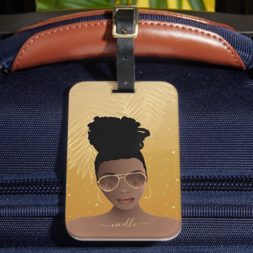 Black Woman Gold Shades  Palm Leaves Yellow Gold Luggage Tag