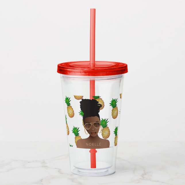 Black Woman, Gold Shades, Pineapple Pattern Acrylic Tumbler (Front)