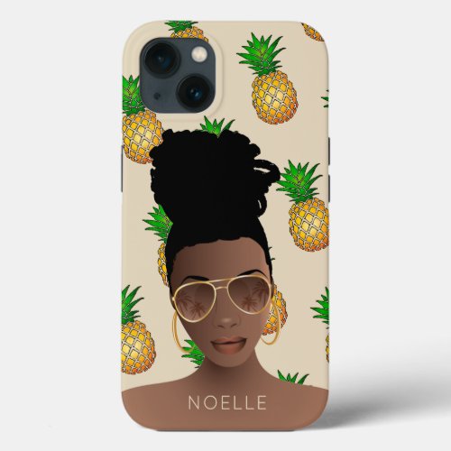 Black Woman Gold Shades Pineapple Pattern Beige iPhone 13 Case