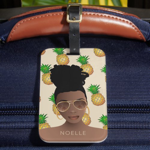 Black Woman Gold Shades Pineapple Pattern Beige Luggage Tag