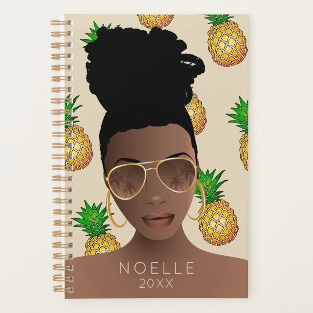 Black Woman, Gold Shades, Pineapple Pattern, Beige Planner (Front)