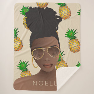 Black Woman, Gold Shades, Pineapple Pattern, Beige Sherpa Blanket