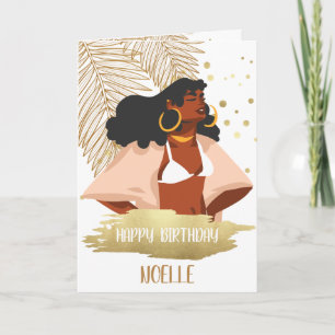 Black Woman, Gold Tropical Leaf, Birthday Card