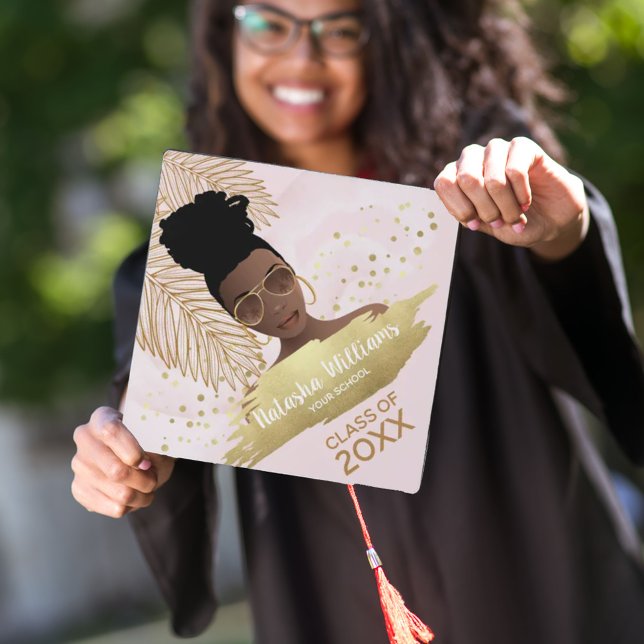 Black Woman, Gold Tropical Leaf Pink Class of 20XX Graduation Cap Topper (Creator Uploaded)