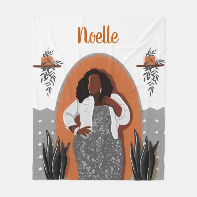 Black Woman, Houseplants, Orange & Gray Fleece Blanket (Front)