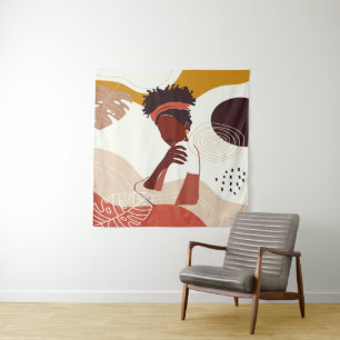 Black Woman Illustration Art, Portrait Print T-Shi Tapestry