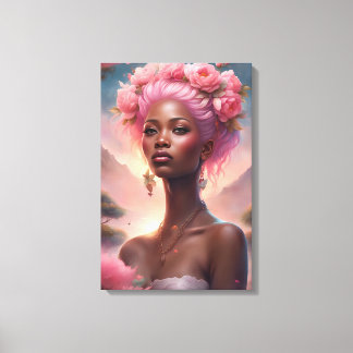 Black Woman in a Pink flower Garden Canvas Print