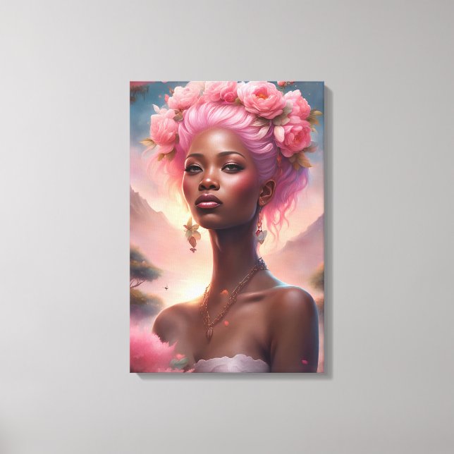 Black Woman in a Pink flower Garden Canvas Print (Front)