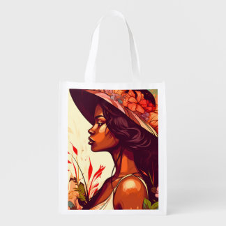Black Woman in Floral Garden All Occasions Design Grocery Bag