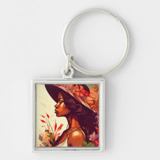 Black Woman in Floral Garden All Occasions Design Keychain