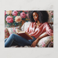 Black Woman In Pink Reading Floral Art