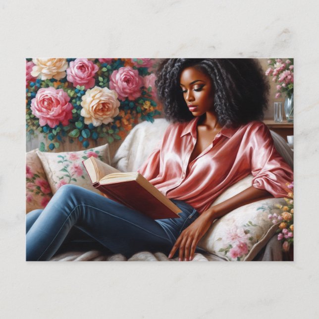 Black Woman In Pink Reading Floral Art Postcard (Front)