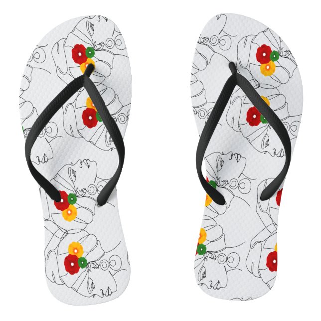 Black Woman Line Art Head Wrap Flowers Flip Flops (Footbed)