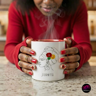 Black Woman Line Art Head Wrap Flowers Two-Tone Coffee Mug