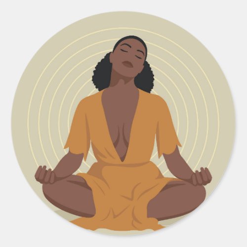 Black woman meditating boho style classic round sticker