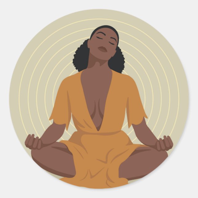 Black woman meditating, boho style classic round sticker (Front)