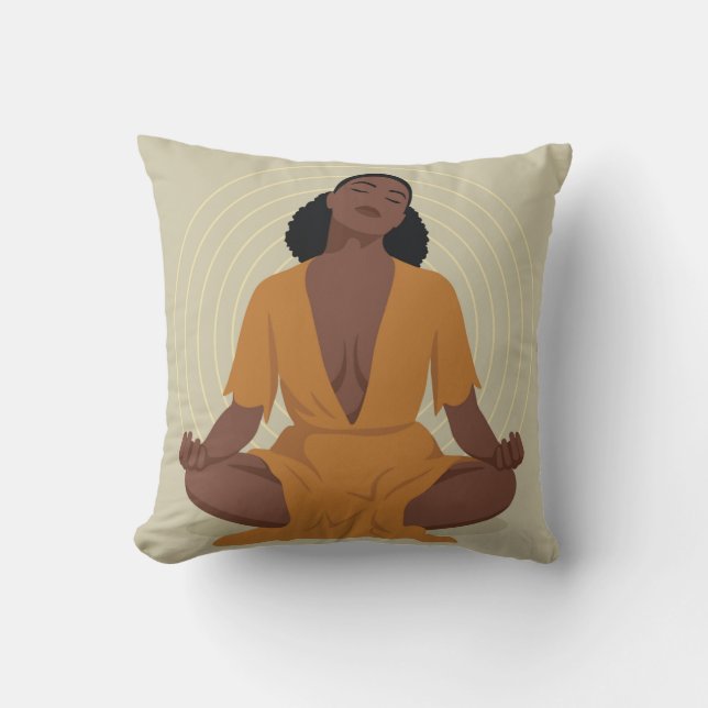 Black woman meditating, boho style throw pillow (Front)