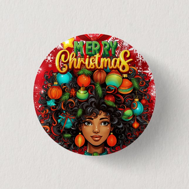 Black Woman Melanin Christmas Afro Natural Queen Button (Front)