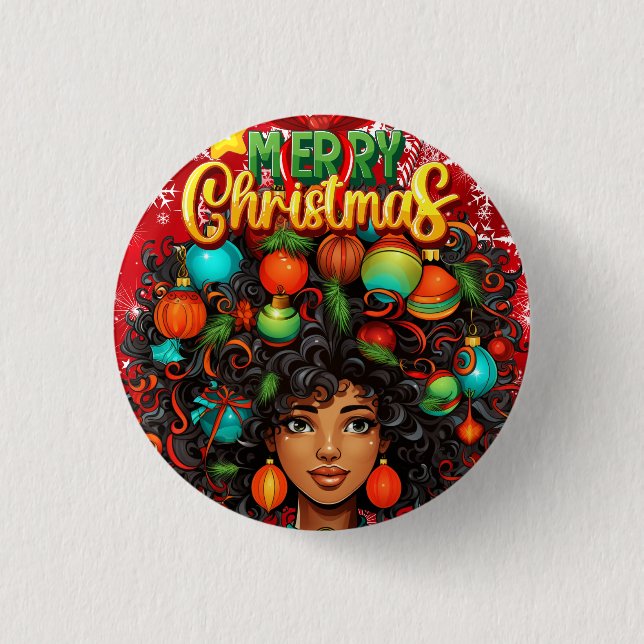 Black Woman Melanin Christmas Afro Natural Queen Button (Front)