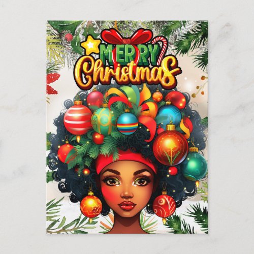 Black Woman Melanin Christmas Afro Natural Queen Holiday Postcard