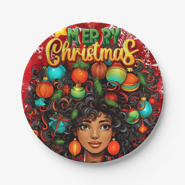 Black Woman Melanin Christmas Afro Natural Queen Paper Plates (Front)