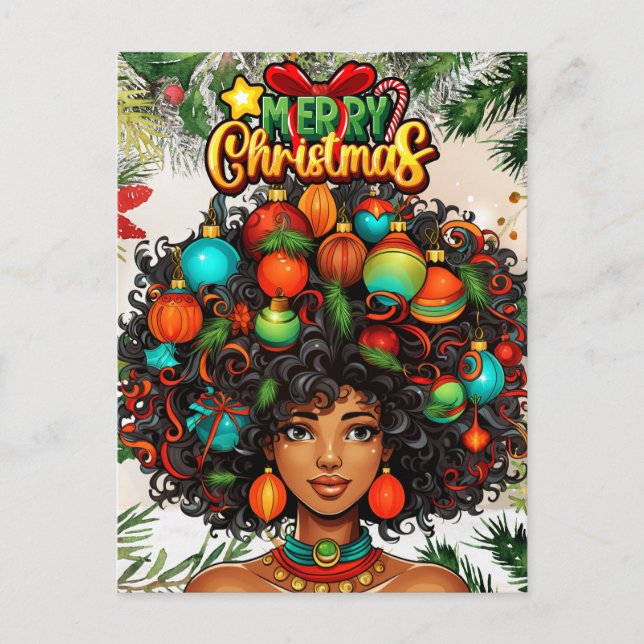 Black Woman Melanin Christmas Afro Natural Queen Postcard (Front)