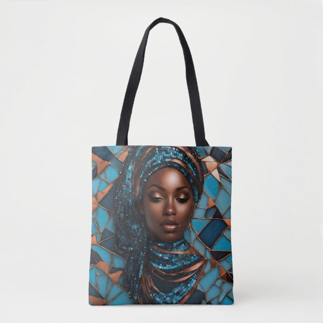 Black Woman Mosiac Blue Copper Tote (Front)