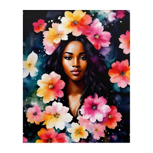 Black Woman Multicolor Floral Watercolor Art