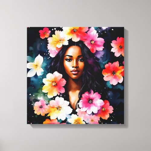 Black Woman Multicolor Floral Watercolor Art Canvas Print