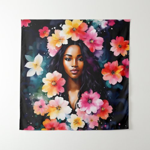 Black Woman Multicolor Floral Watercolor Art Tapestry