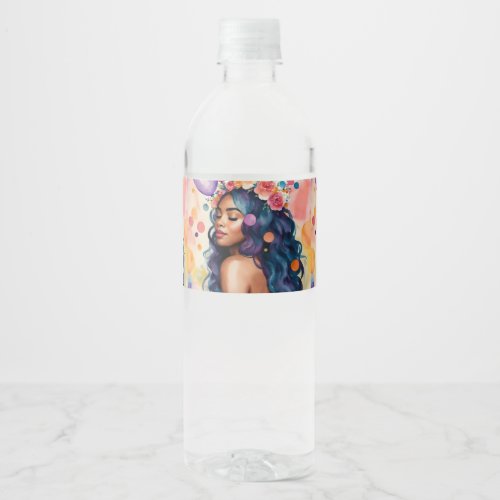 Black Woman Multicolor Party Balloon Confetti Water Bottle Label