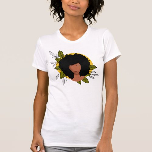 Black Woman Natural Hair Sun  Leaves T_Shirt