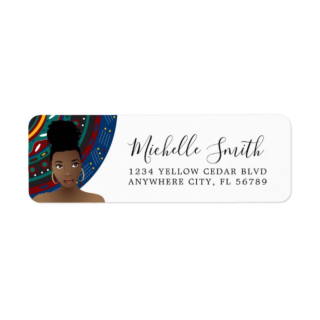 Black Woman, Natural Hair Top Knot, Tribal Pattern Label (Front)
