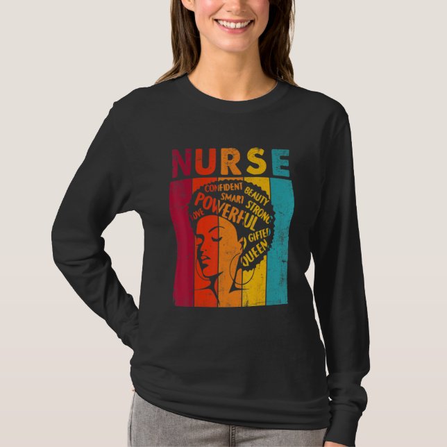 Black Woman Nurse Afro Retro Black History Month T-Shirt (Front)
