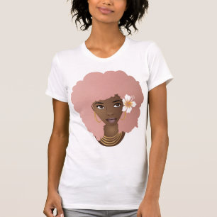 Black Woman, Pink Afro, Flower in Her Natural Hair T-Shirt