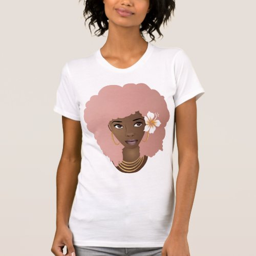 Black Woman Pink Afro Flower in Her Natural Hair T_Shirt