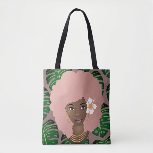 Black Woman Pink Afro Green Leaf Pattern Pink Tote Bag