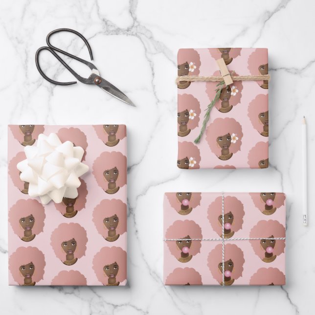Black Woman, Pink Afro, Natural Hair, Pink Wrapping Paper Sheets (Front)