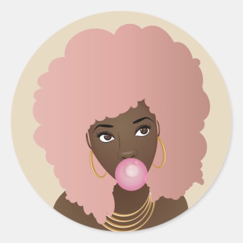 Black Woman Pink Afro Popping Pink Bubblegum Classic Round Sticker