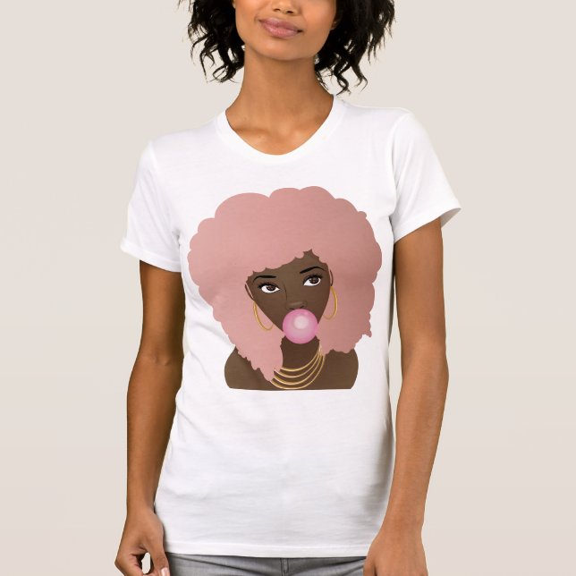 Black Woman, Pink Afro, Popping Pink Bubblegum T-Shirt (Front)