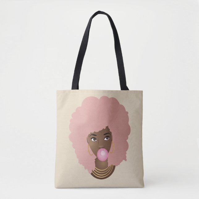 Black Woman, Pink Afro, Popping Pink Bubblegum Tote Bag (Front)