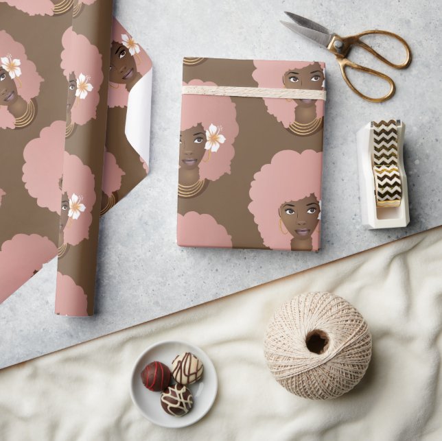 Black Woman, Pink Afro with Flower, Brown Wrapping Paper (Crafts)
